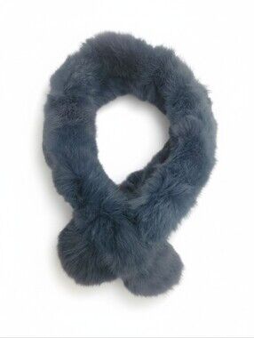 Plush Peacock Blue Rabbit Fur Scarf with Pom-Poms